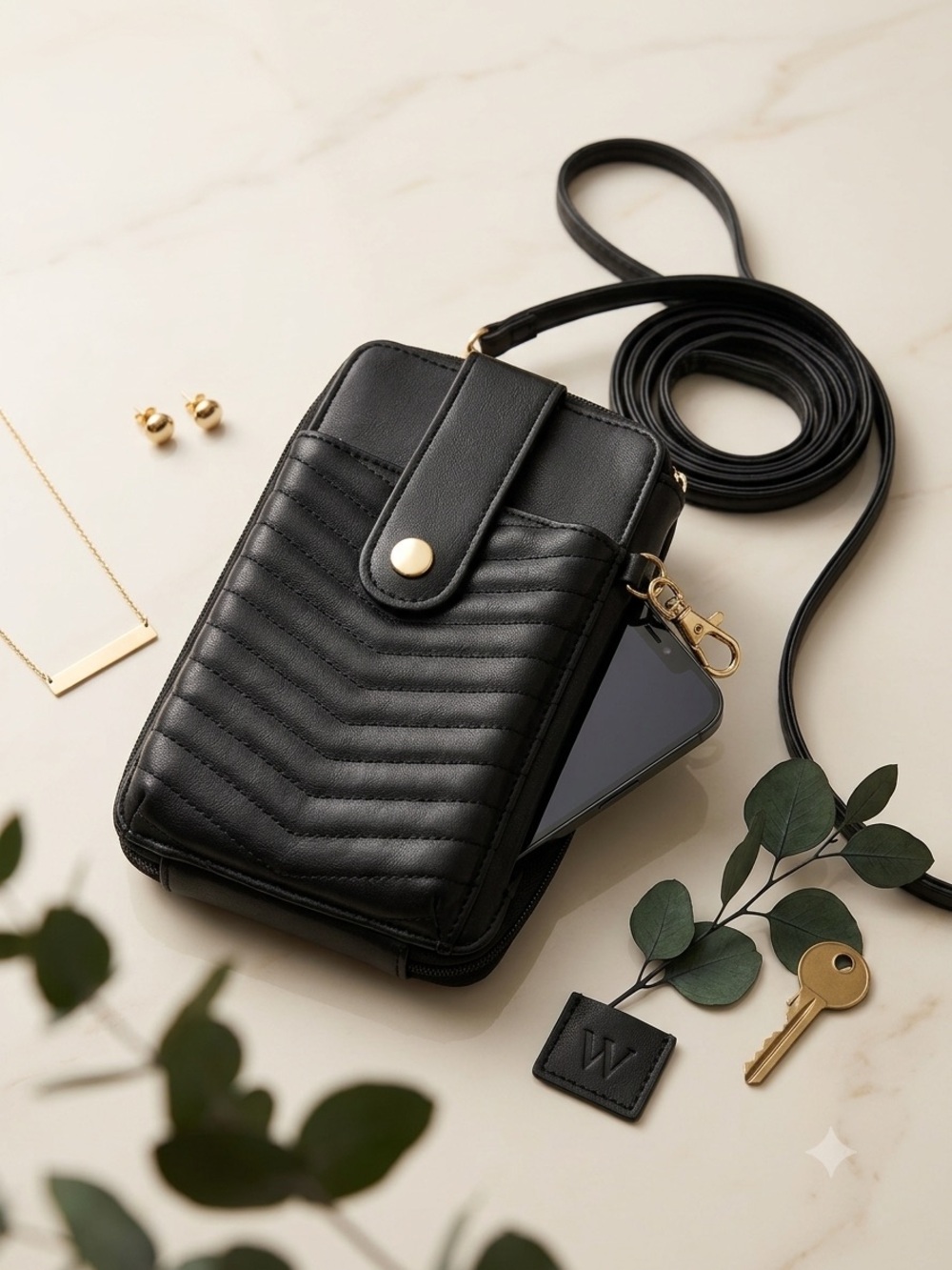 Black Quilted Crossbody Phone Bag with Gold Accent